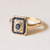 Anello vintage in oro 18K con zaffiri e diamanti, anni ‘40/‘50