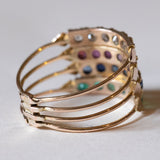 Anello harem vintage in oro 14K con zirconi bianchi, rubini, zaffiri e smeraldi, anni ‘70