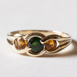🎃 Anello trilogy vintage in oro 9K con cromodiopside e quarzi arancioni, anni ‘80