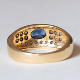 Anello vintage in oro 18K con topazio blu e diamanti (0.56ctw ca.), anni ‘70/‘80
