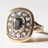 Anello vintage a margherita in oro 18K e argento con zaffiro e diamanti di taglio rosetta, anni '50