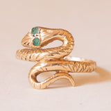 Anello antico a forma di serpente in oro giallo 18K con smeraldi, anni '10