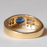 Anello vintage in oro 18K con topazio blu e diamanti (0.56ctw ca.), anni ‘70/‘80