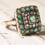 Anello vintage in oro giallo 18K e argento con smeraldi e diamanti di taglio rosetta, anni ‘50