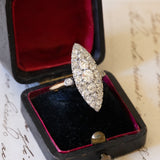 Vintage 18K gold navette ring with diamonds (2.80ctw approx.), 1940s / 1950s