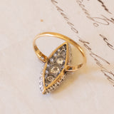 Vintage 18K gold navette ring with diamonds (2.80ctw approx.), 1940s / 1950s