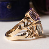 Coppia di anelli vintage in oro 9K con acquamarina (2.50ct ca .) e ametista (2.20ct ca.), anni ‘70/‘80