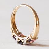 Anello vintage in oro 14K con granati viola e diamanti, anni ‘70