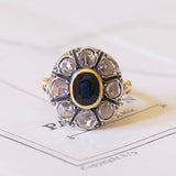 Bague marguerite ancienne en or 14 carats et argent avec saphir et diamants, début des années 1900