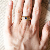 Anello vintage in oro 18K con topazio blu e diamanti (0.56ctw ca.), anni ‘70/‘80