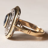 Anello vintage a margherita in oro 18K e argento con zaffiro e diamanti di taglio rosetta, anni '50