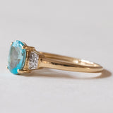 Anello vintage in oro 14K con tormalina azzurra e diamanti, anni ‘80