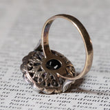Anello a margherita vintage in stile antico in oro 18K e argento con rubino e diamanti