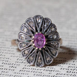 Anello a margherita vintage in stile antico in oro 18K e argento con rubino e diamanti