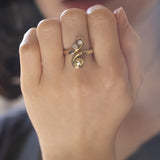 Anello vintage in oro 14K con topazio giallo (1.20ct ca.) e diamanti (0.24ctw ca.), anni ‘70/‘80