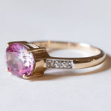 Anello vintage in oro 9K con spinello rosa e diamanti, anni ‘80