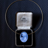 Collier vintage in oro 18K e 14K con cammeo su agata azzurra e diamanti, anni ‘80