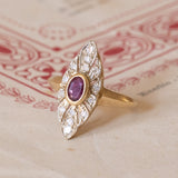 Antique navette ring in 18K gold with ruby and diamonds (0.14ctw approx.), 1930s / 40s