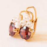 Orecchini vintage in oro giallo 18K con granati e perle, anni '60