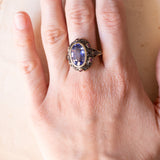 Anello vintage in stile antico in oro 18K e argento con zaffiro e rubini