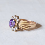 Vintage 18K gold ring with amethyst and white glass paste, 1940s / 1950s