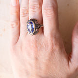 Anello vintage in stile antico in oro 18K e argento con zaffiro e rubini