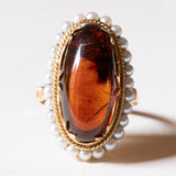 đ Anello vintage in oro 18K con ambra e perline, anni '50