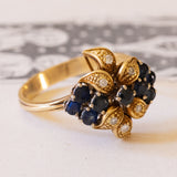 Anello vintage in oro 18K con zaffiri e diamanti, anni ‘70