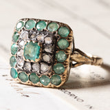 Anello vintage in oro giallo 18K e argento con smeraldi e diamanti di taglio rosetta, anni ‘50