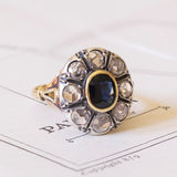 Bague marguerite ancienne en or 14 carats et argent avec saphir et diamants, début des années 1900