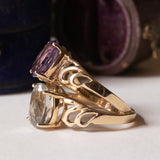 Coppia di anelli vintage in oro 9K con acquamarina (2.50ct ca .) e ametista (2.20ct ca.), anni ‘70/‘80