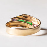 Anello vintage in oro 18K con paste di vetro verdi e rubini, anni ‘70