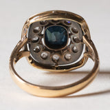 Anello vintage a margherita in oro 18K e argento con zaffiro e diamanti di taglio rosetta, anni '50