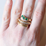 Anello a serpente vintage in oro giallo 18K con smeraldi e diamanti (0.60ctw ca.), anni ‘60