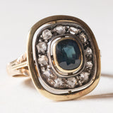 Anello vintage a margherita in oro 18K e argento con zaffiro e diamanti di taglio rosetta, anni '50