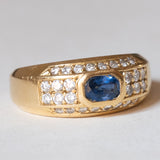 Anello vintage in oro 18K con topazio blu e diamanti (0.56ctw ca.), anni ‘70/‘80