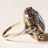 Anello vintage in stile antico in oro 18K e argento con zaffiro e rubini