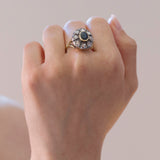 Bague marguerite ancienne en or 14 carats et argent avec saphir et diamants, début des années 1900