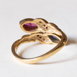 Anello contrarié vintage in oro 14K con zaffiro, rubino e diamanti (0.12ctw ca.), anni ‘70/‘80