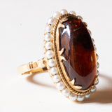 đ Anello vintage in oro 18K con ambra e perline, anni '50