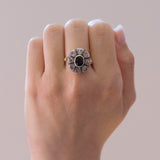 Bague marguerite ancienne en or 14 carats et argent avec saphir et diamants, début des années 1900