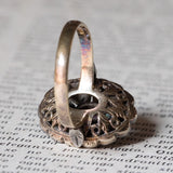 Anello a margherita vintage in stile antico in oro 18K e argento con rubino e diamanti