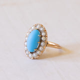 Bague Turquoise Antique en Or 18K et Perles, 1930s