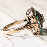 Anello vintage in oro giallo 18K e argento con smeraldi e diamanti di taglio rosetta, anni ‘50