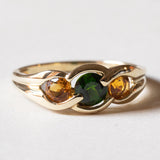 🎃 Anello trilogy vintage in oro 9K con cromodiopside e quarzi arancioni, anni ‘80