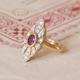Antique navette ring in 18K gold with ruby and diamonds (0.14ctw approx.), 1930s / 40s