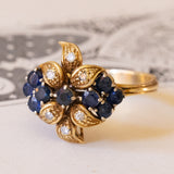Anello vintage in oro 18K con zaffiri e diamanti, anni ‘70