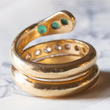 Anello a serpente vintage in oro giallo 18K con smeraldi e diamanti (0.60ctw ca.), anni ‘60