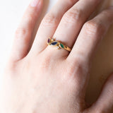 Anello vintage in oro 14K con rubino, smeraldo, zaffiro e diamanti (0.05ctw ca.), anni ‘70/‘80