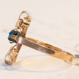 Anello vintage in oro 18K con pasta di vetro blu e paste di vetro rosse, anni ‘50